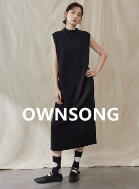 OWNSONG18针超细羊毛四平针黑色白色针织 连衣裙半高领无袖长裙