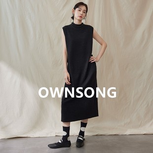 OWNSONG18针超细羊毛四平针黑色白色针织 连衣裙半高领无袖长裙