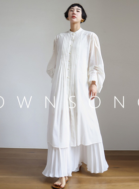 OWNSONG超薄风琴褶100棉衬衣连衣裙宽松廓形防晒中长衬衫连衣裙女