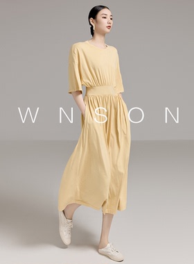 OWNSONG淡黄舒适全棉收腰显瘦宽松休闲廓形圆领T恤连衣裙夏