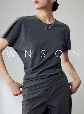 OWNSONG霓虹棉设计感不对称短袖T恤圆领亲肤舒适百搭上衣T恤女