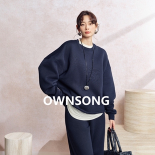 OWNSONG懒人套装 加绒圆领宽松卫衣+休闲直筒卫裤慵懒风两件套女