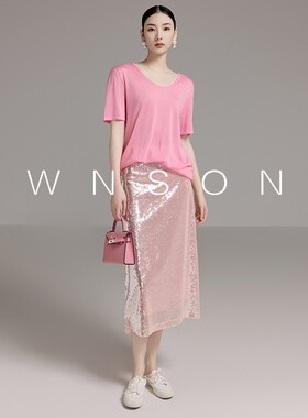 OWNSONG 轻薄绵羊毛混纺纱线针织超薄t恤圆领短袖