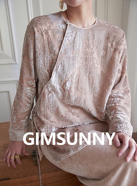 OWNSONG春秋 新中式复古盘扣 粉色提花真丝丝绒烂花绡上衣衬衫女