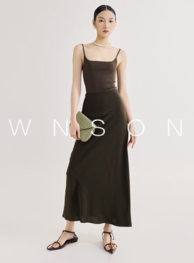 OWNSONG  45度斜裁磨砂质感A字高腰拉链醋酸黑色中长半身裙春夏