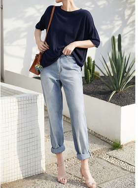 SONG自留冰凉黑科技！薄荷纤维超薄浅蓝色宽松弹力锥形牛仔裤女夏