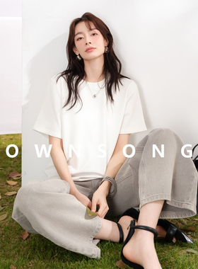 OWNSONG高科技WAN能长袖短袖T恤 白色磨毛宽松卫衣长袖宽松上衣女