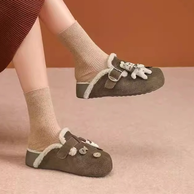 2025新款秋冬网红时尚洋气加绒厚底牛反绒勃肯鞋包头半拖女外穿