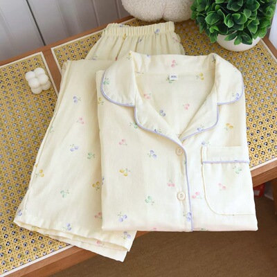 灵气-纯棉纱布睡衣2026新款薄夏长袖套装甜美樱桃全棉家居服套装