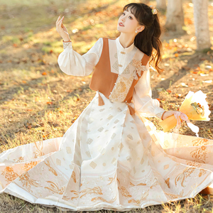 金鱼花火原创改良汉服女新中式国风马甲衬衫配织金马面裙日常套装