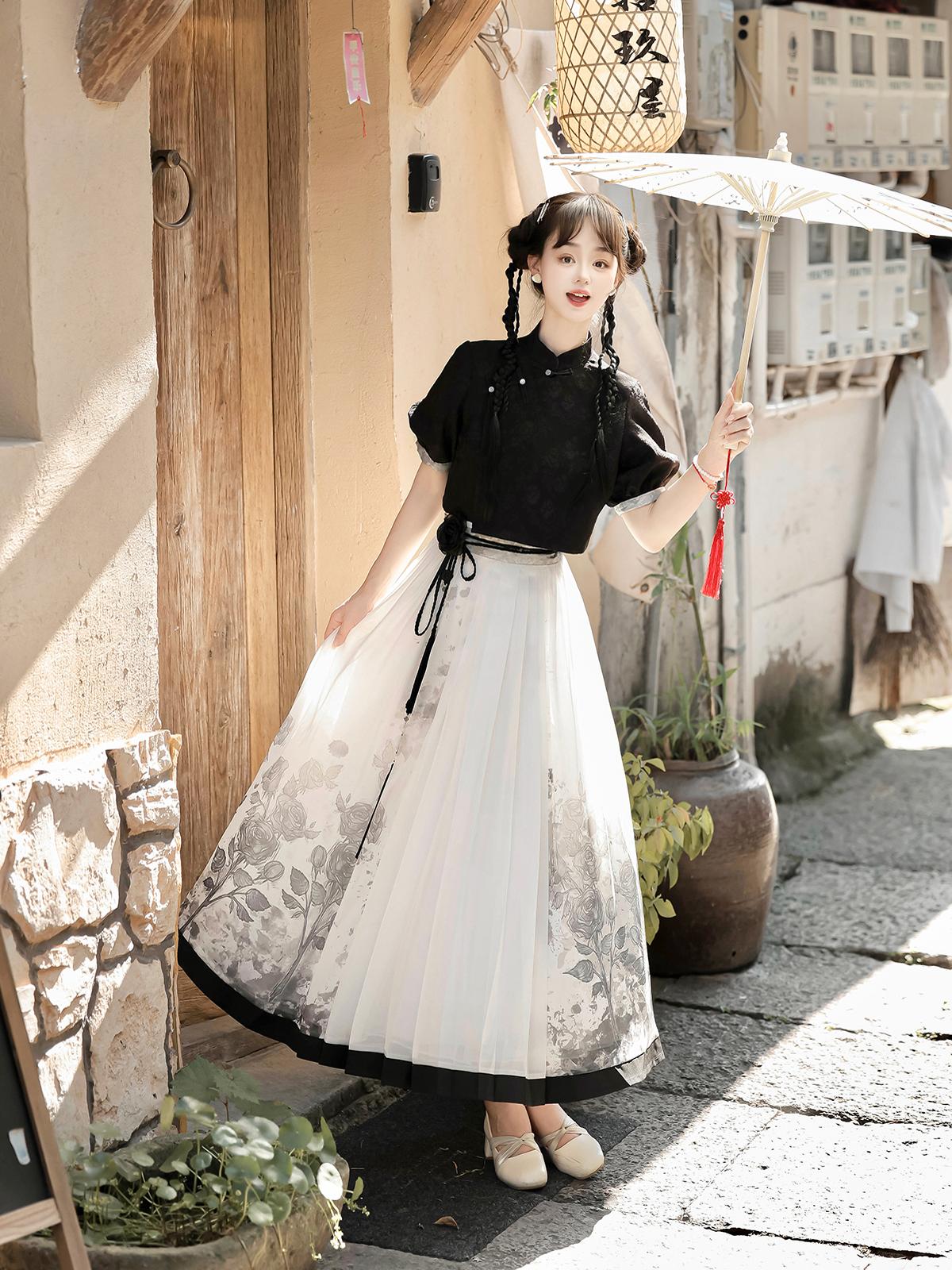 汉如初素纸原创汉元素新中式改良黑色上衣衬衫印花半身裙套装春夏