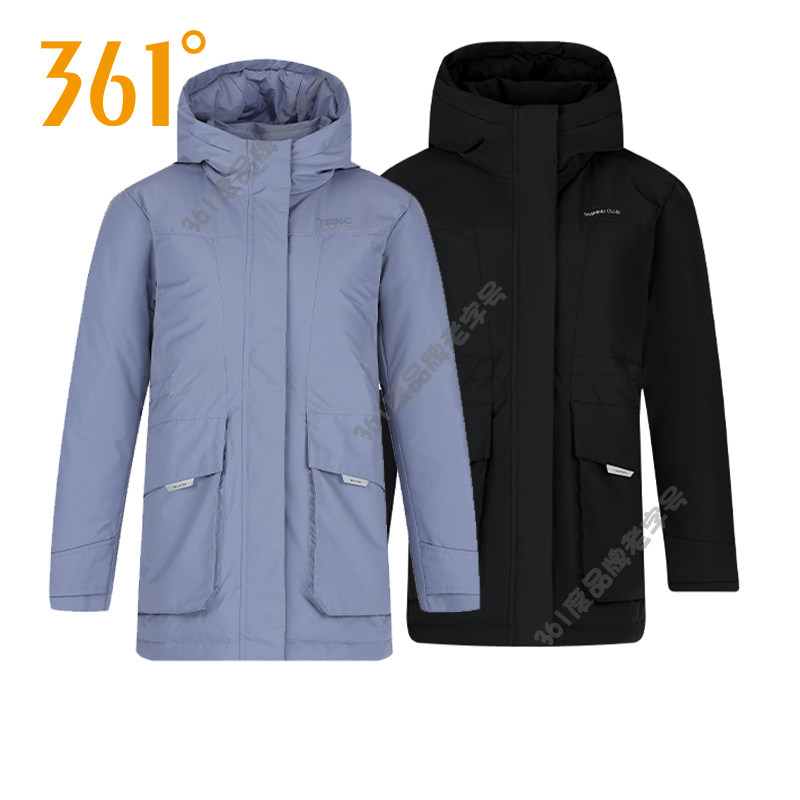 361度女装防风连帽羽绒服2024冬季中长款加厚运动服收腰羽绒外套