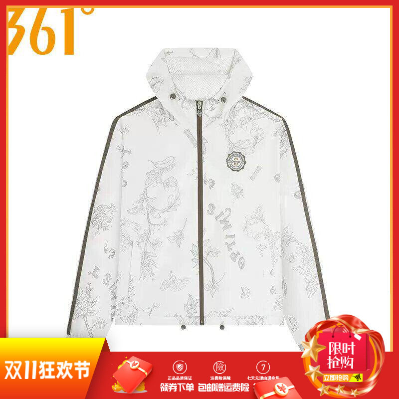 361度女装绒里风衣2026春秋季印花休闲运动服连帽外套时尚女风衣