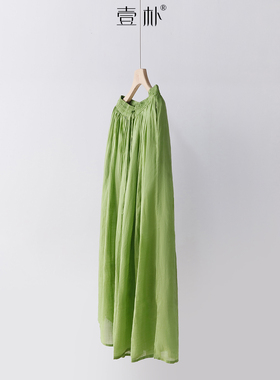 夏季复古高腰松紧腰系带苎麻双层显瘦半身裙 纯色中长裙 3SP110