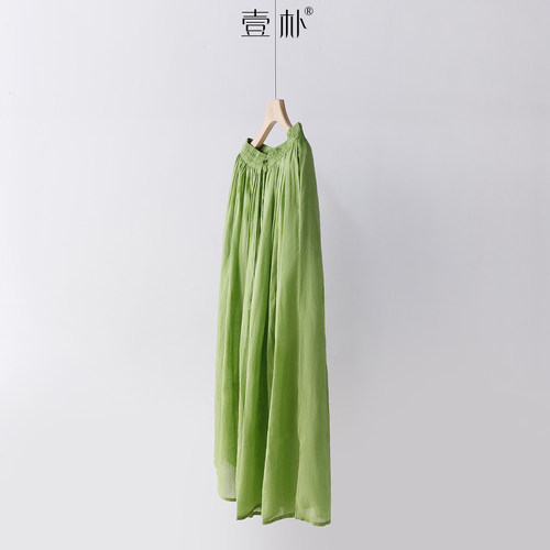 夏季复古高腰松紧腰系带苎麻双层显瘦半身裙 纯色中长裙 3SP110