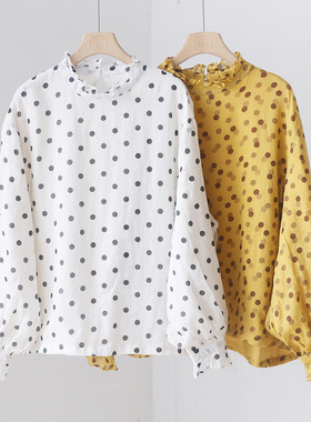 【双层】复古波点苎麻小衫 百搭花边荷叶边上衣衬衫衬衣  3SP97