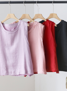 春季新款文艺范苎麻马甲 复古圆领毛边无袖背心百搭上衣 3SP38