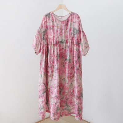 文艺数码印花苎麻双层袍子长裙 显瘦度假沙滩宽松连衣裙  4SP121A