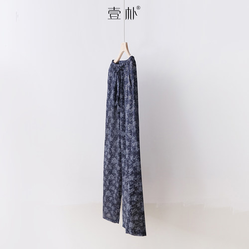 文艺复古蓝染条纹系带100%苎麻阔腿裤女显瘦百搭休闲长裤 6SP715