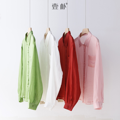 文艺翻领苎麻长袖衬衫宽松薄款防晒上衣 口袋压褶衬衣 5SP626