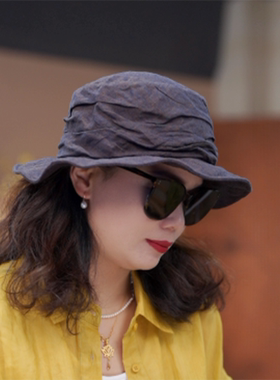 山本风亚麻褶皱渔夫帽子女春夏复古盆帽显脸小防晒遮阳帽 05317
