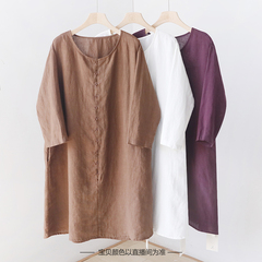 文艺范国风圆领纽扣中式衬衫裙 纯色宽松显瘦亚麻连衣裙 YF22375