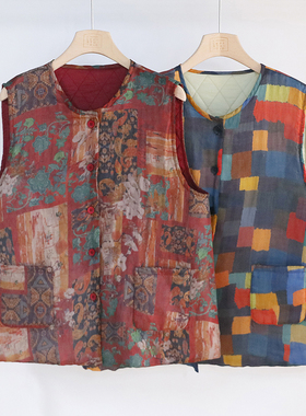 复古撞色彩格夹棉加厚马甲 百搭保暖无袖坎肩棉背心马夹 3SP16