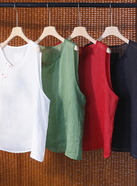 文艺新中式撞色明线盘扣苎麻马甲 百搭宽松无袖坎肩薄马夹 4SP371