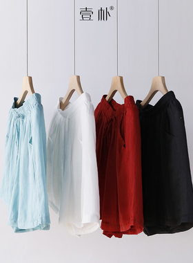 苎麻短裤女夏季纯色系带复古江南风宽松百搭休闲双层五分裤3SP87