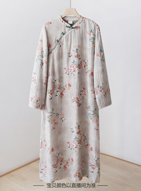 常熟新中式盘扣苎麻加绒连衣裙 银狐绒保暖气质中国风旗袍 3SP60