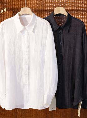 文艺纯色小翻领皱皱麻衬衫 防晒衫上衣  5SP558【胸围130 衣长75