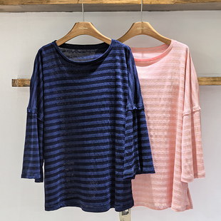 爆款天丝亚麻T恤 百搭宽松落肩袖圆领条纹上衣打底衫 5108TK