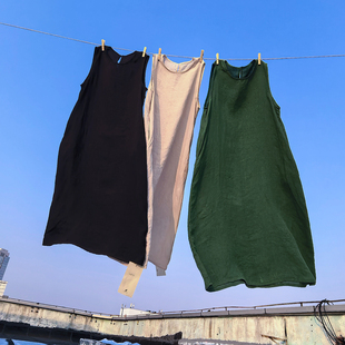 文艺无袖 宽松无袖 圆领显瘦气质背心裙长裙 4SP277 亚麻连衣裙