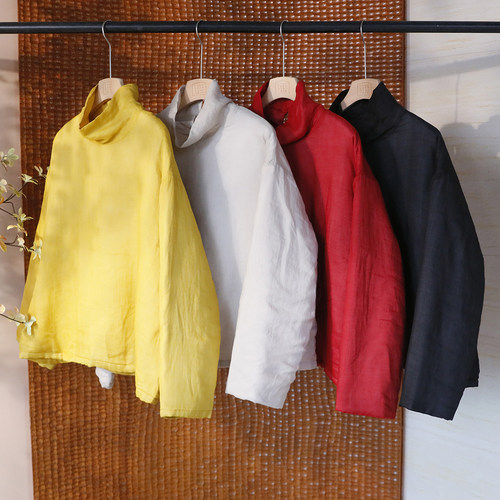 文艺夹棉加厚高领苎麻棉服小衫 纽扣堆堆领长袖棉衣上衣  4SP313B