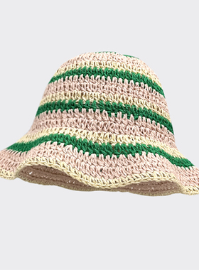 拼色条纹遮阳草编帽子女夏出游防晒沙滩太阳帽彩虹渔夫帽 CT-0744