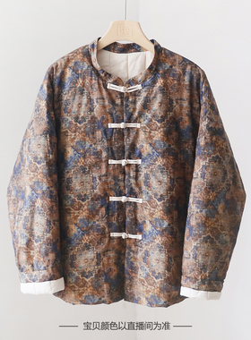 新中式苎麻数码印花夹棉加厚保暖棉麻棉衣复古国风棉服外套3SP40