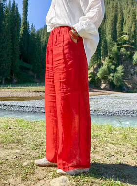 夏季纯色苎麻休闲裤 显瘦宽松直筒裤子 4092TK【裤长S94 M97 L101