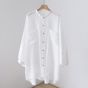 防晒衣 夏季 衬衫 纯色沙滩防晒透气中长款 4SP173 宽松圆领苎麻薄款