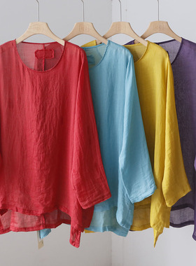 衬衫女上衣苎麻圆领长袖开叉盘扣宽松大版前短后长麻小衫 3SP10