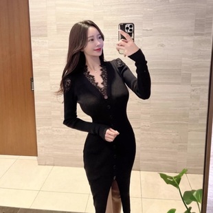 韩国东大门新款 欲出天际性感V领魅惑蕾丝针织下开叉包臀连衣裙女