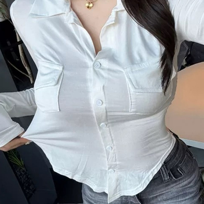 韩国韩式感翻领长袖开衫t恤女
