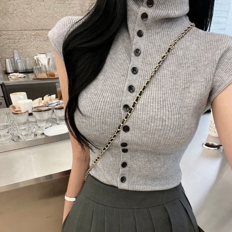 韩国东大门新款韩里韩气~高领针织背心简约单排扣性感无袖女上衣