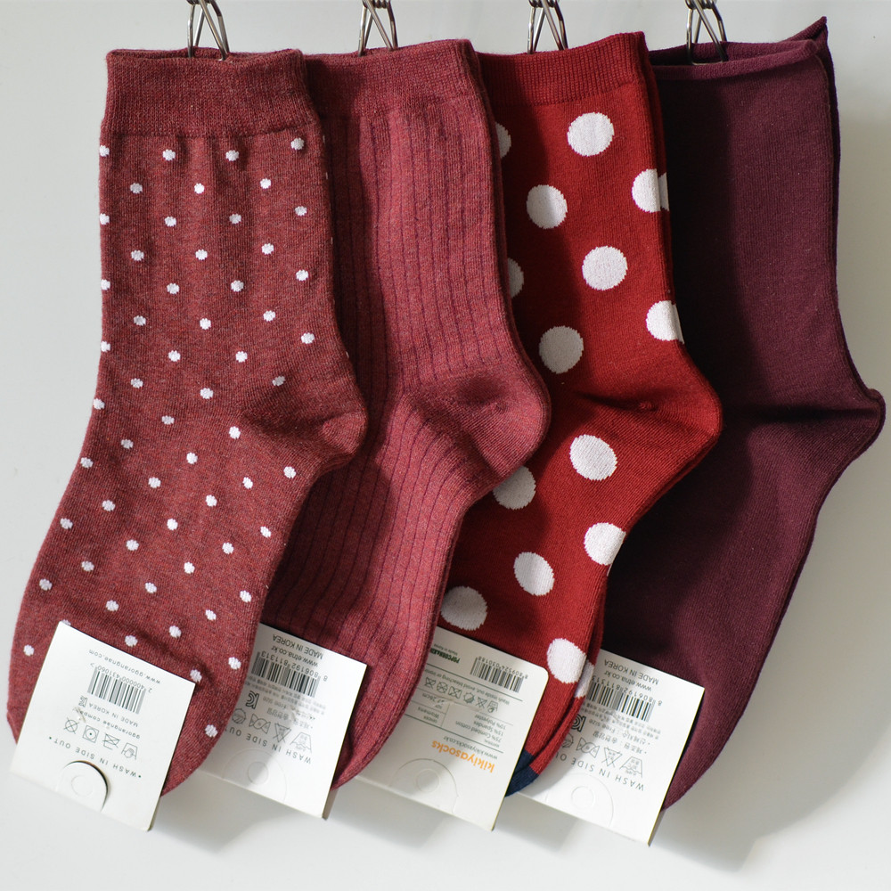 日韩进口酒红色系春秋冬季复古中筒袜圆点时尚女士袜子全棉条纹袜,女士内衣/男士内衣/家居服,中筒袜,淘宝优惠券,粉丝福利购,淘宝优惠卷