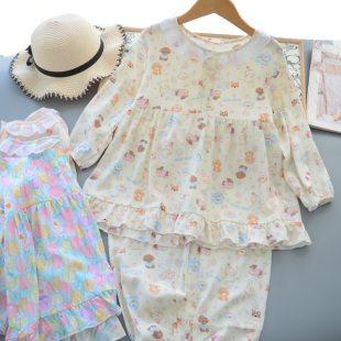 女童睡衣夏季棉绸家居服套装儿童韩版花边长袖长裤空调服两件套薄