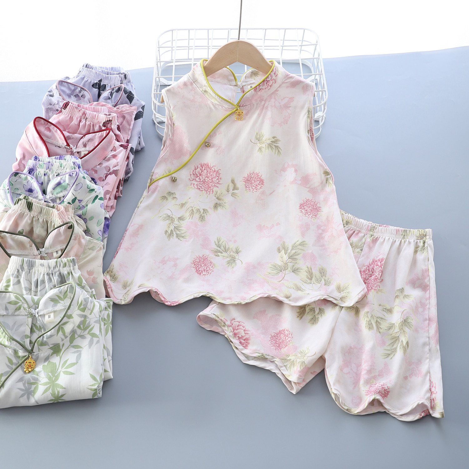 夏季新品女童新中式国风套装儿童盘扣背心短裤两件套女宝宝睡衣潮