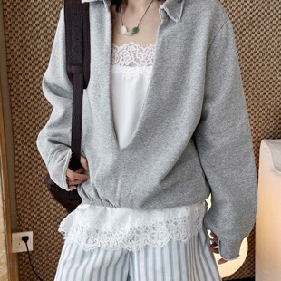 ⅩM26春夏新款日系时髦休闲立领深V款宽松卫衣下摆松紧内收上衣女