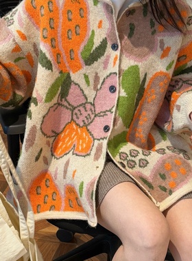 ⅩM早春新款日系时髦减龄橙色提花羊毛针织开衫软糯亲肤上衣女