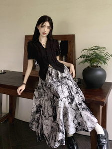 魅影仙女中式盘扣短袖衬衫上衣水墨印花半身裙超仙两件套套装夏季