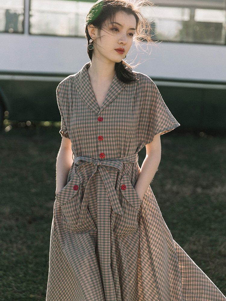 魅影仙女衬衫连衣裙法式西装领中长款收腰显瘦轻熟风气质格子裙夏