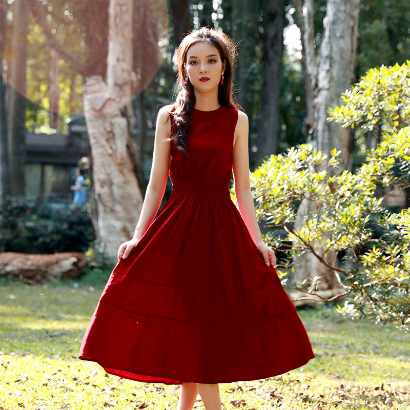 魅影仙女2020法式桔梗裙中长款初恋气质小个子收腰显瘦无袖连衣裙